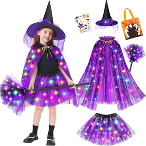 Jeowoqao Witch Costume for Girls Halloween Costumes,Light up Halloween Dress up Witch Cape Skirt Broom for Girl 3 4 5 6 (Purple)