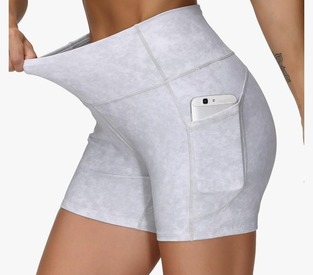 THE GYM PEOPLE High Waist Yoga Shorts for Women's Tummy Control Fitness Athletic Workout Running Shorts with Deep Pockets, Tie Dye White, S