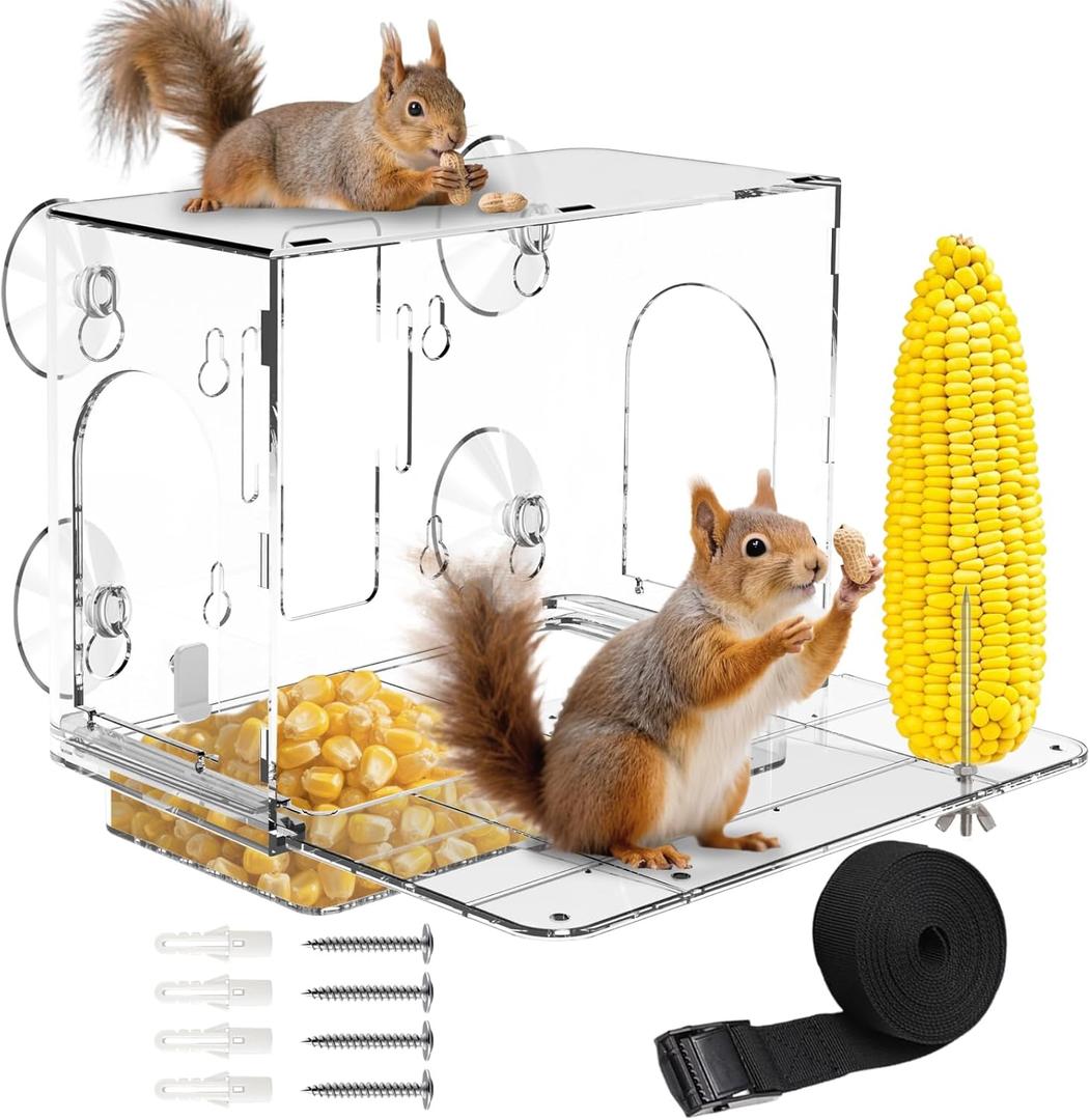 Window Squirrel Feeder for Outside 3 Mounting Options (Screw/Strap/Suction), which Easy to Install, Weatherproof Squirrel House, No Assembly Required Ideal Backyard Gift for Father Mother Parent