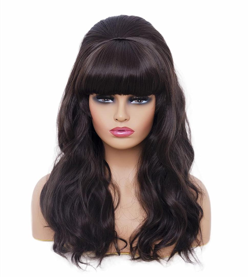 Rugelyss Long Wavy Dark Brown Wig with Bang Big Bouffant Beehive Wigs for Women fits 80s Costume or Halloween Party