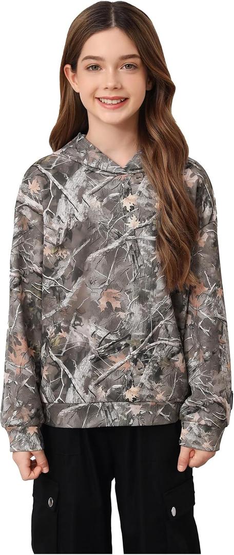 COZYEASE Girl's Graphic Camo Hoodie Long Sleeve Drop Shoulder Hooded Sweatshirts Loose Vintage Pullovers (Green), EU 134, US 9