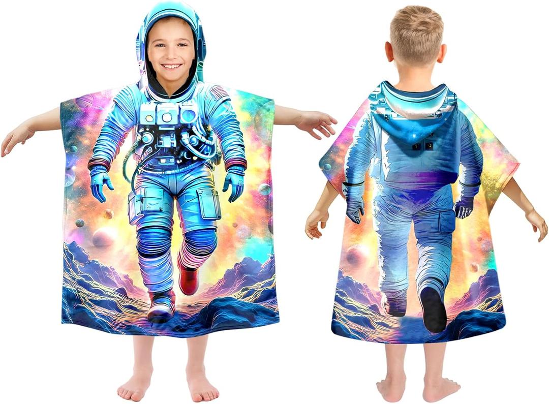 Kids Hooded Beach Towels Wrap for 4-12 Years,Cute Astronaut Theme Boys Swim Cover Up for Bathroom27"x33" Quick Dry Blue Bath Towel Poncho,Perfect for Travel Vacation,Pool Party,Swimming (W27"xH33")