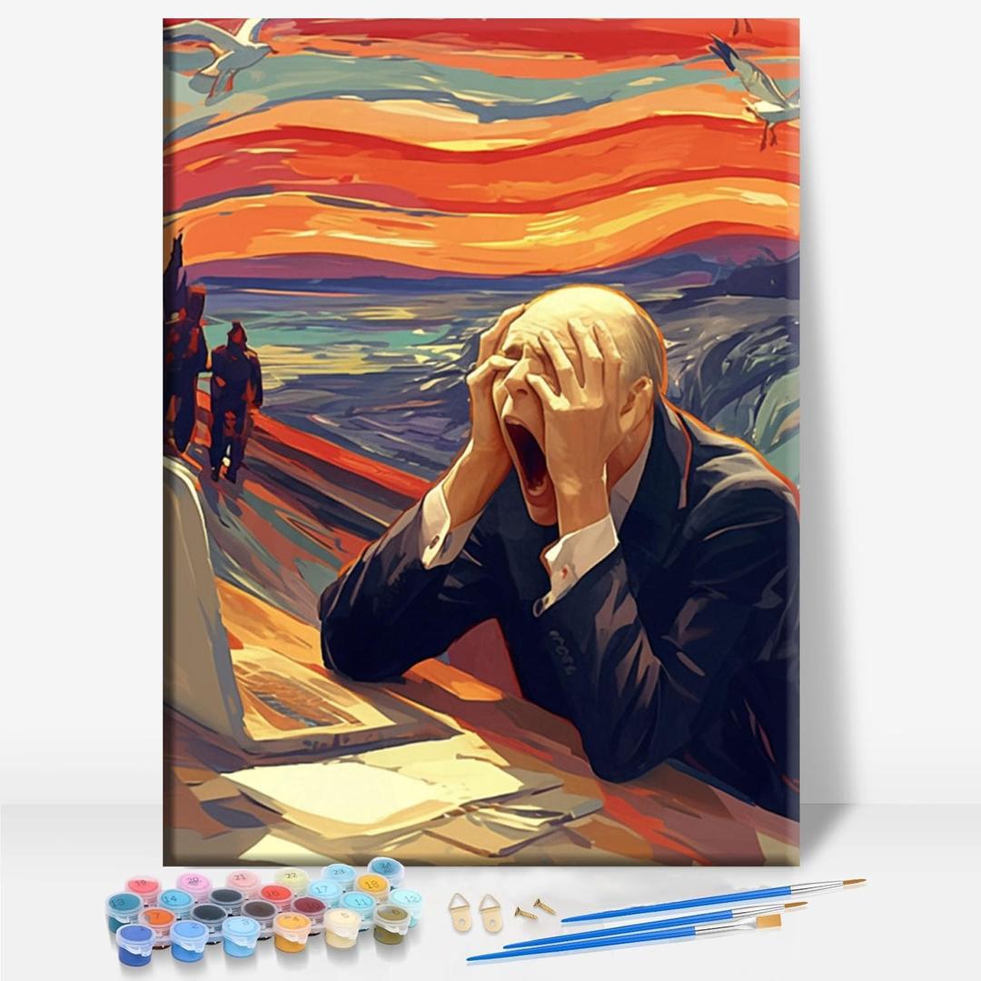 Aeontinity The Scream Accountant Occupation Framed Canvas DIY Paint by Numbers Kit Bar Cafe Cave Home Room Wall Bathroom Porch Patio Decor Gift, 16 x 12 Inch