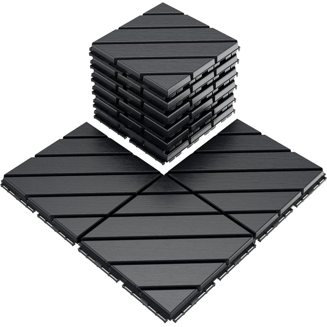 VANCASTLE 9 Pack Interlocking Deck Tiles, 12"x12" Patio Pavers, Heavy Duty Plastic Outdoor Flooring with Drainage, Waterproof Non-Slip Snap-Together Tiles for Balcony, Poolside, Garage, Dark Grey