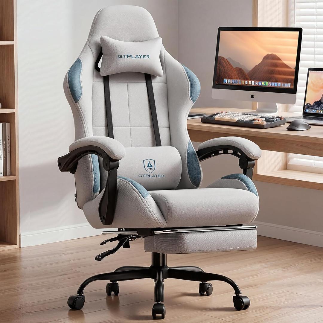GTPLAYER Gaming Chair Fabric with Pocket Spring Cushion,Computer Office Chair with Lumbar Support for Adults Linkage Armrests and Footrest Ergonomic Gamings Chairs Height Adjustable LightGray, 20 inches