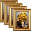 Splinterix 5x7 Gold Picture Frame Set of 4, Vintage 5 x 7 Photo Frames with Real Glass, Ornate Antique Golden Frame for Wall or Tabletop, Display 4x6 Print with Mat or 5x7 without Mat, 4 Pack