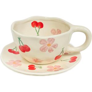 Cute Mug Flower Teacup and Saucers Set for Mom 8 oz (Red Cherry)