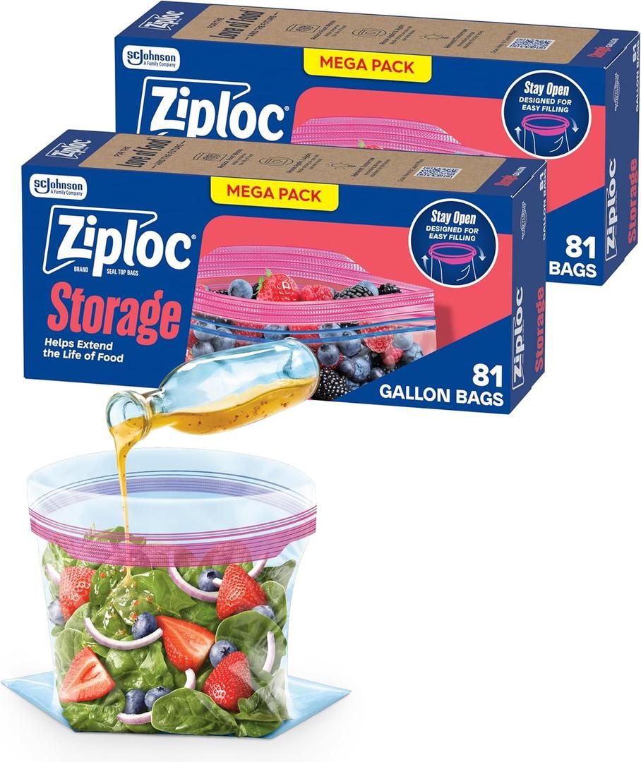 Ziploc Gallon Food Storage Bags, Stand-Up Bottom, Easy to Fill, 162 Count (Packaging May Vary)