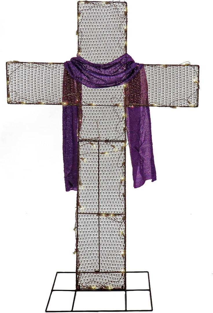 National Tree Company Purple Easter Cross Decoration, Pre-Lit with Glittered Cloth Wrap and LED Lights, Outdoor Stakes, 5 Feet x 36 Inches