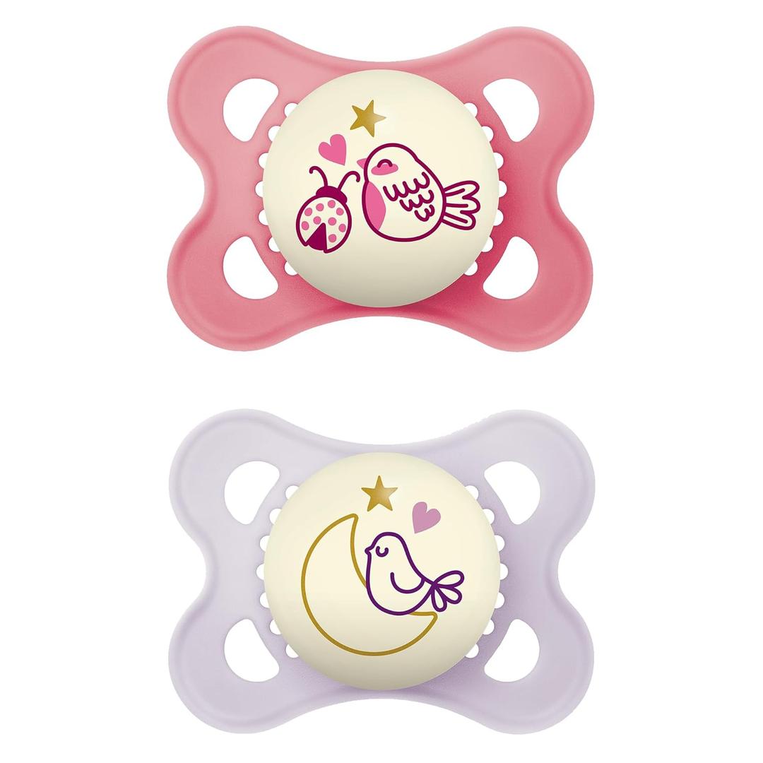 MAM Original Night, Binky for 0-6 Months, BPA-Free Silicone, Glows in The Dark, Best for Newborn Babies, Developed with Medical Experts, 2 Count Binkies, with Sterilizer Case (Pink / Purple)