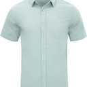 JEKAOYI Mens Casual Linen Button Down Short Sleeve Shirts Beach Summer Spread Collar Pocket Tops (L)