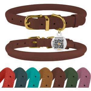 BronzeDog Rolled Leather Dog Collar with QR ID Tag, Adjustable Soft Round Collars for Small Medium Large Dogs Puppy (16" - 19" Neck Size, Cognac Brown)
