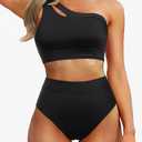 Tempt Me Women One Shoulder High Waisted Bikini Color Block Two Piece Swimsuits Cutout 2 Piece Bathing Suit, L