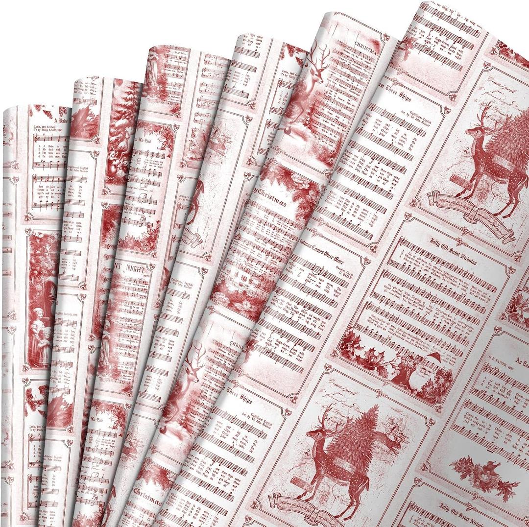 Watersay 12 Pcs Vintage Christmas Music Wrapping Paper 27 x 19 Inch Old Christmas Music Wrap Paper Funny Holiday Gift Packaging Festive Design for Xmas Party Decoration Scrapbooking Arts Craft(Red)