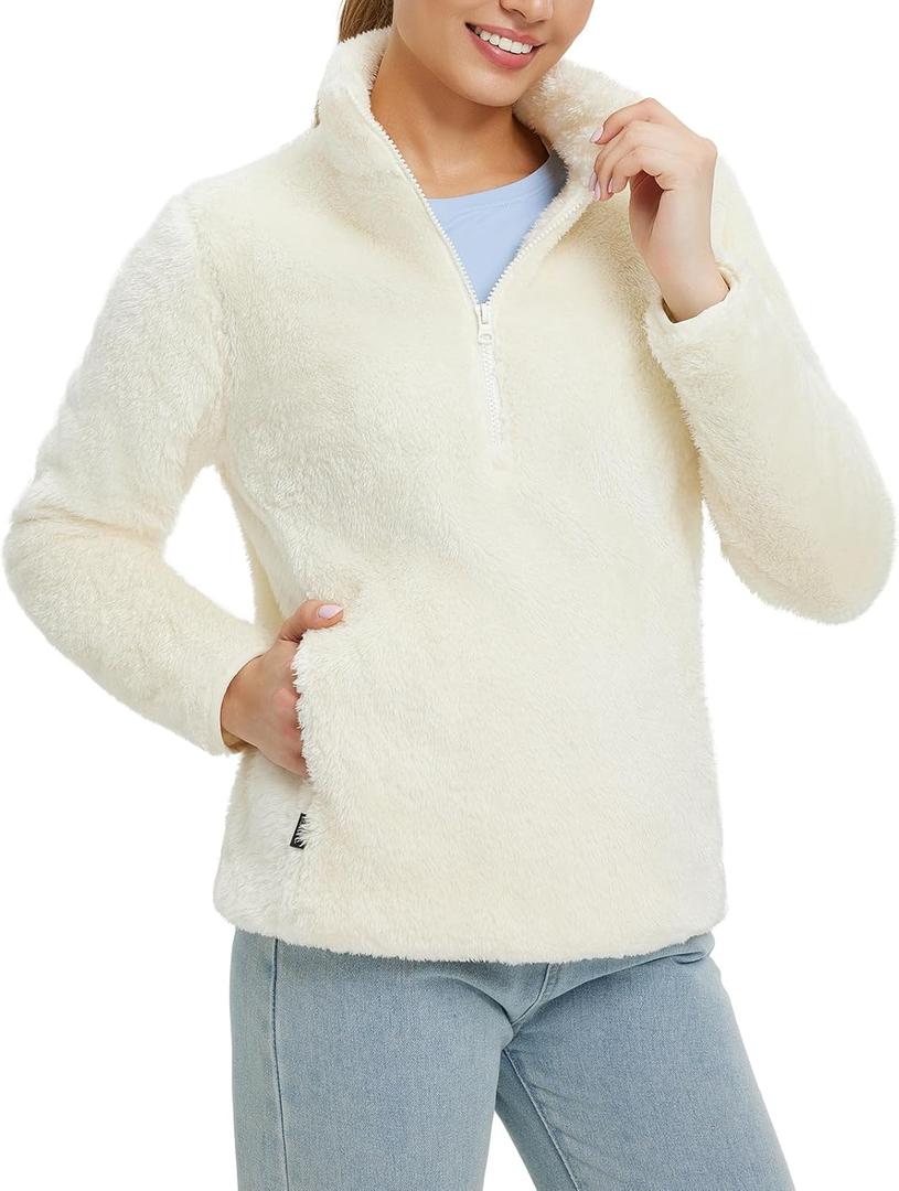 baleaf Women's Quarter Zip Sherpa Fleece Pullover Lightweight Fuzzy Winter Warm Sweatshirt with Zipper Kangaroo Pocket (White, XXL)