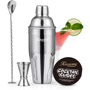 Cocktail Shaker, KITESSENSU 24oz Drink Shaker with Bartender Strainer, Measuring Jigger, Bar Mixing Spoon, Cocktail Recipe Guide, Professional Drink Mixer Set for Beginners, Silver