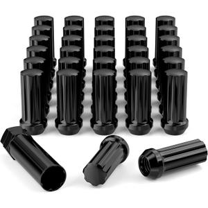 M14x1.5 Wheel Lug Nuts, 32pcs Black 14mmx1.5 Spline Lug Nut 2 Inch Tall with 1 Socket Key Compatible for Silverado Suburban Express Sierra Ram 2500 3500 F250 F350 8 Lug Aftermarket Wheels