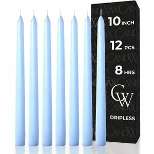 CANDWAX 10-inch Taper Candles - Set of 12 Dripless Unscented Candlesticks - Perfect for Dinner and Household Use - Baby Blue