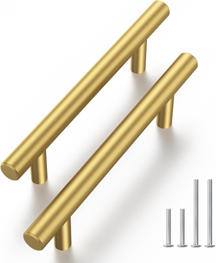 Haliwu 10 Pack Cabinet Handles Brass Gold Cabinet Pulls 3-1/2 Inch Hole Center Drawer Pulls Modern Bar Dresser Handles for Bathroom Kitchen Bedroom