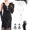 1920s Dresses for Women, Sequin Fringed Gatsby Flapper Cocktail Dresses with 20s Accessories Set, Roaring 20s Costumes (Black)