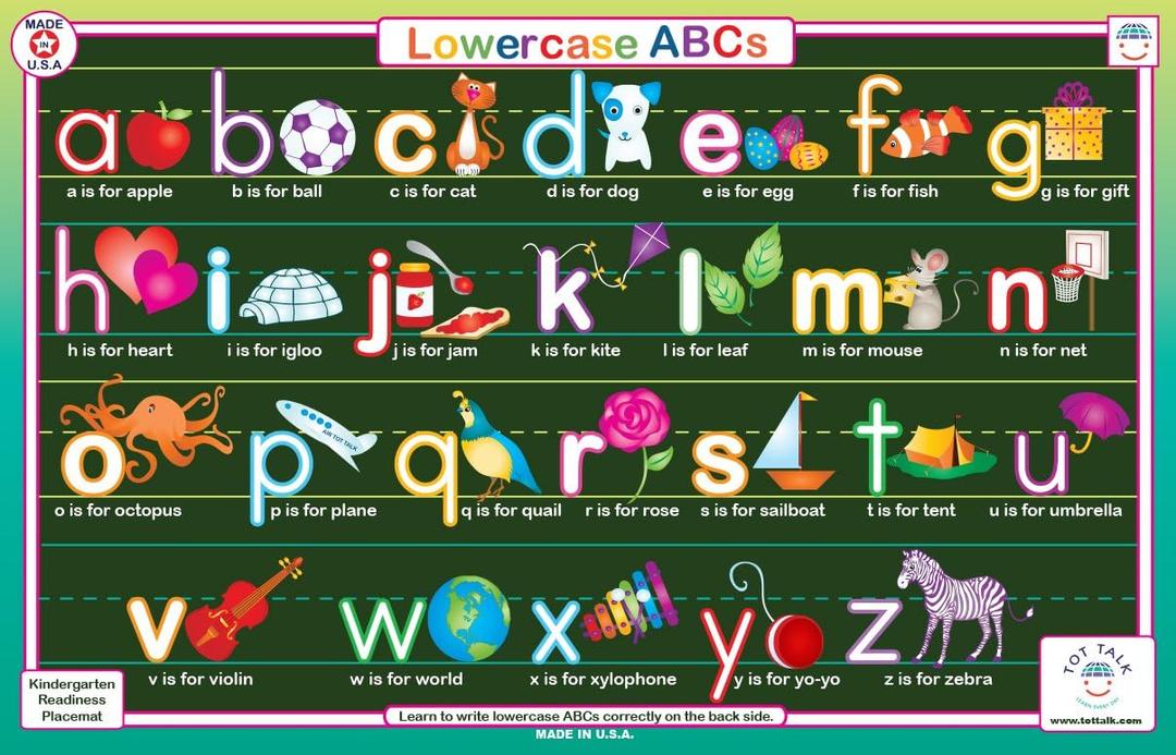 Tot Talk Lowercase ABCs Educational Placemat for Kids  Made in USA  Durable, Double-Sided, Placemat with Phonics & Writing Practice  Waterproof, Wipeable, 17.5 x 11.5