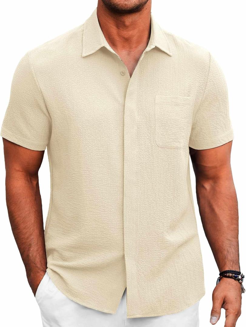 COOFANDY Men's Casual Shirt Short Sleeve Button Down Summer Beach Textured Shirt (Beige, XXL)