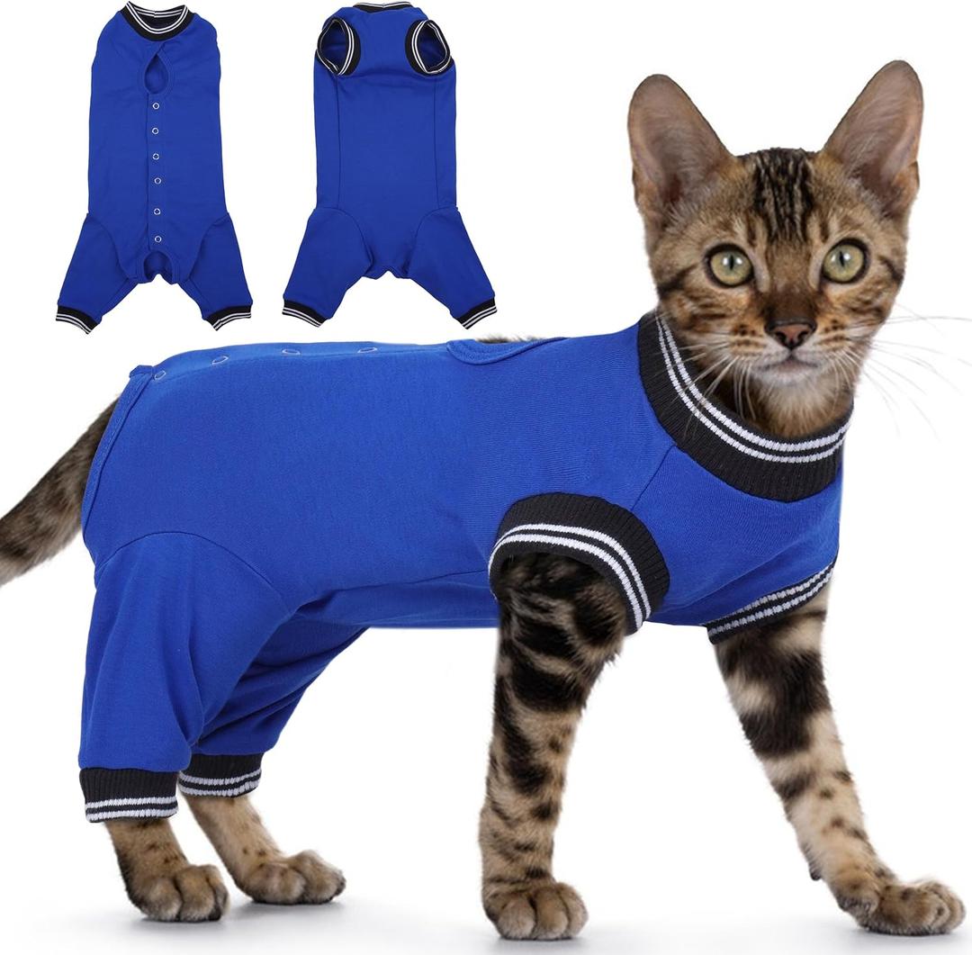 PUMYPOREITY Cat Recovery Suit for Hind Legs, Cat Surgical Spay Suit with Leg Sleeves to Stop Licking, Long Rear Sleeve Wound Cover Abdomen Kitten Onesie, Blue, Medium