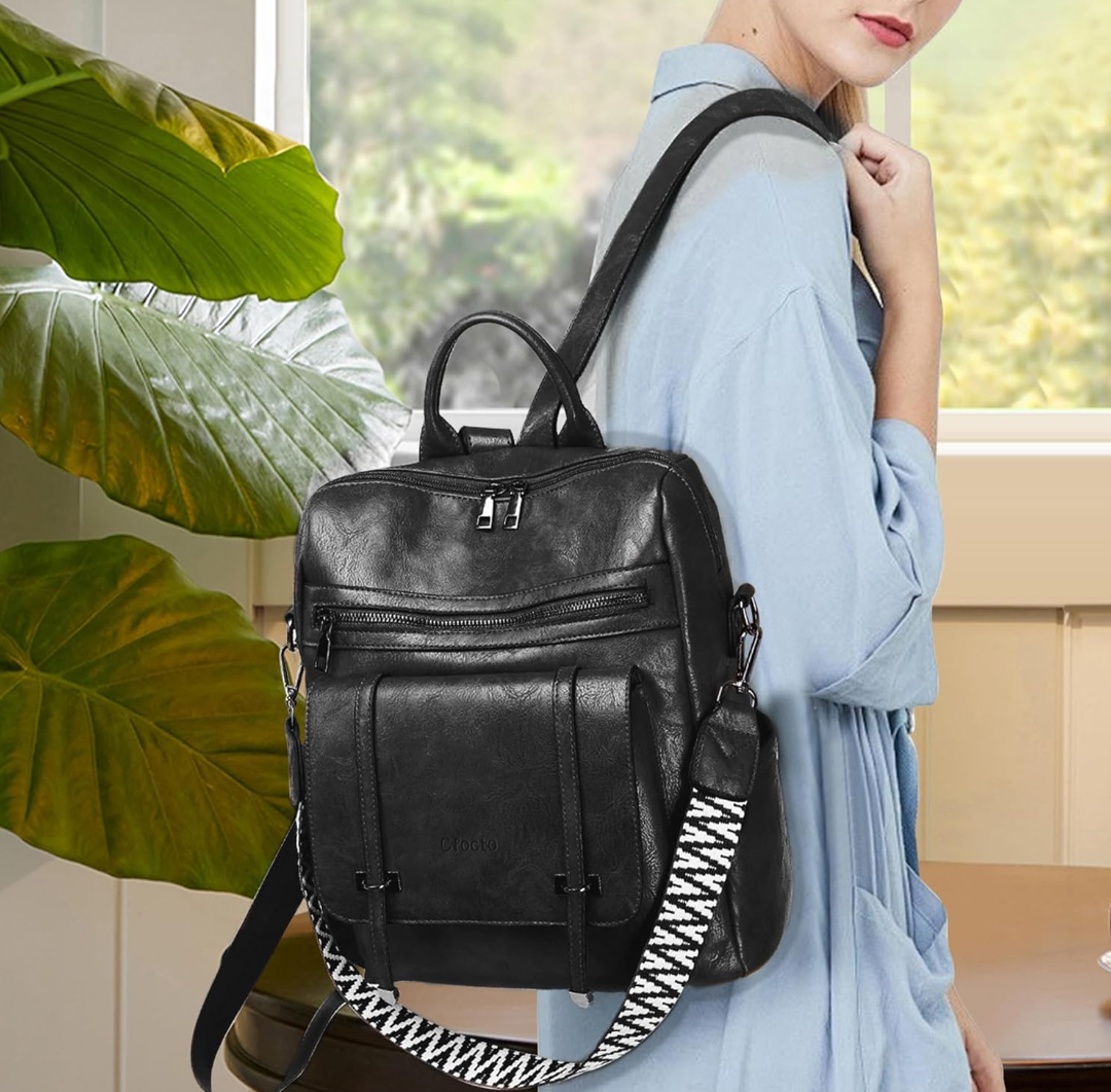 Backpack for Women PU Leather Travel Backpack Purse Fashion Womens Ladies Convertible Shoulder Bags Handbag Black