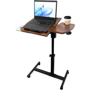 Medical Adjustable Overbed Bedside Table with 2 Tilting Desktops Teacher Podium Laptop Computer Cart Mobile Laptop Desk with Cup Holde,Drawer,Wheels for Office, Home and Classroom (Brown)