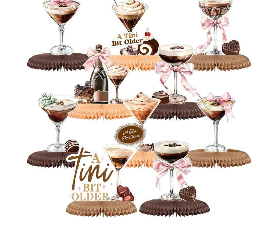 10 Pcs Espresso Martini Party Decorations A Tini Bit Older Birthday Honeycomb Centerpiece 7.87 Inch Espresso Martini Bow Decor Table Topper for Cocktail Bar Bachelorette Birthday Party Supply