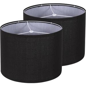 Drum Lampshade Set of 2, Lamp Shades for Table Lamps Floor Lamp, 13" Top X 13" Bottom X 10" High Black Large Line Fabric Lamp Shades, Easy Assembly Replacement Lampshades