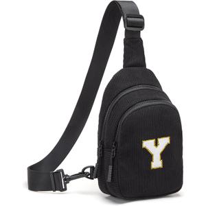 Small Corduroy Sling Bag Initial Crossbody Bag Fanny Pack for Girls Personalized Birthday Gifts for Teen Girls Gifts (Black)