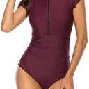 Wolddress Women Modest One Piece Bathing Suit Short Sleeve Tummy Control Swimsuit Zipper Surfing Athletic Rash Guard, Large