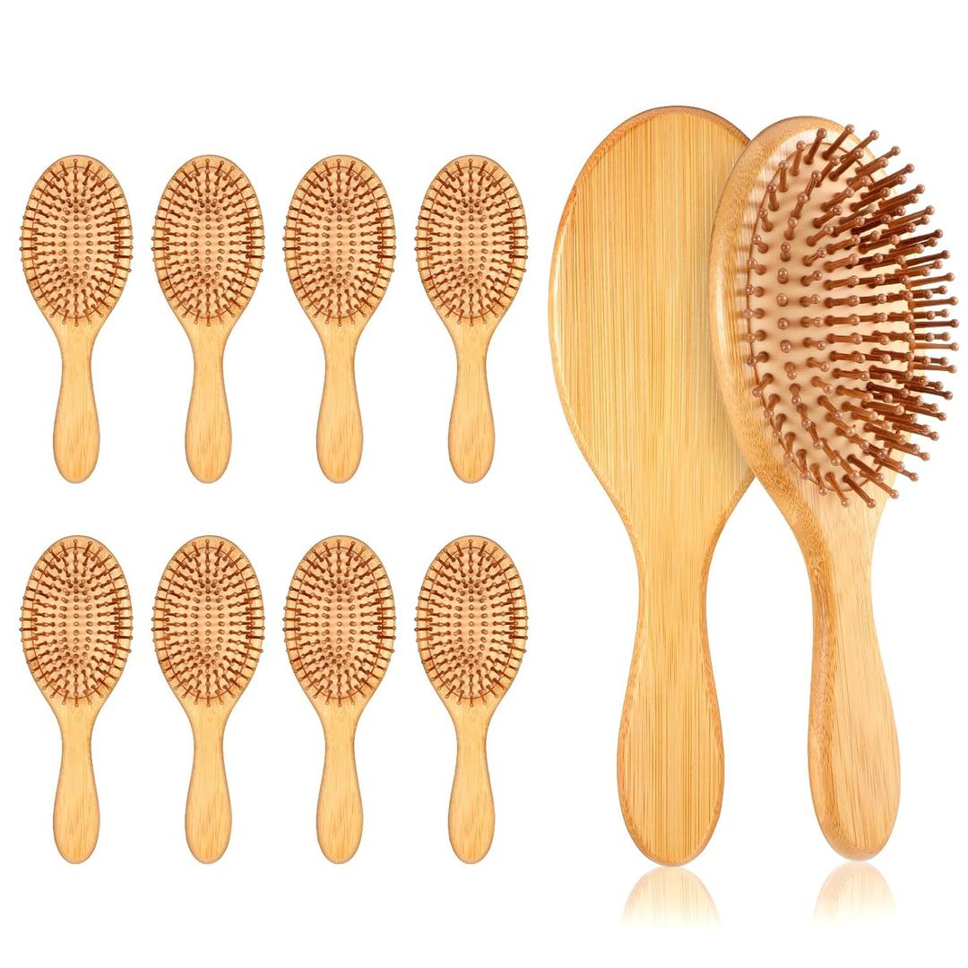 10 Pcs Bamboo Hair Brush Bulk, 9.45*3.15*1.5 inch Hair Brushes Reduce Static Electricity Detangle Hairs Brushes for Women Wood Hairs Brush Anti Tangle Paddle Brush for Women Men and Children(round)