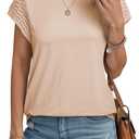SHEWIN Womens Summer Tops Crewneck Short Sleeve T Shirts Casual Patchwork Hollow Out Loose Tank Top (Beige, L)