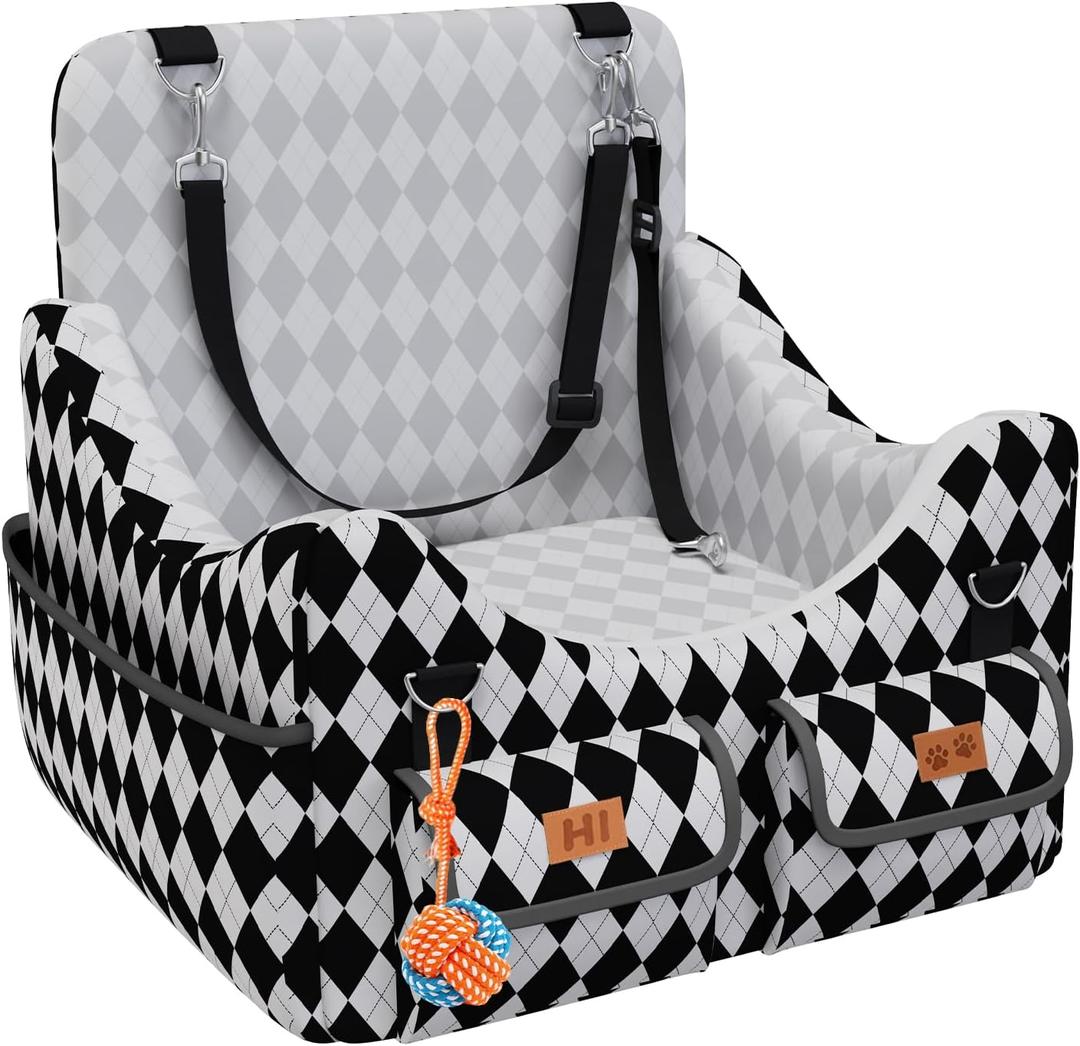 Dog Car Seat for Small/Medium Dogs up to 35lbs, 4-Pocket Storage Memory Foam Dog Booster Seat, Detachable Washable Pet Car Seat with Safety Belt, Outdoor & Indoor Use (Black/White)