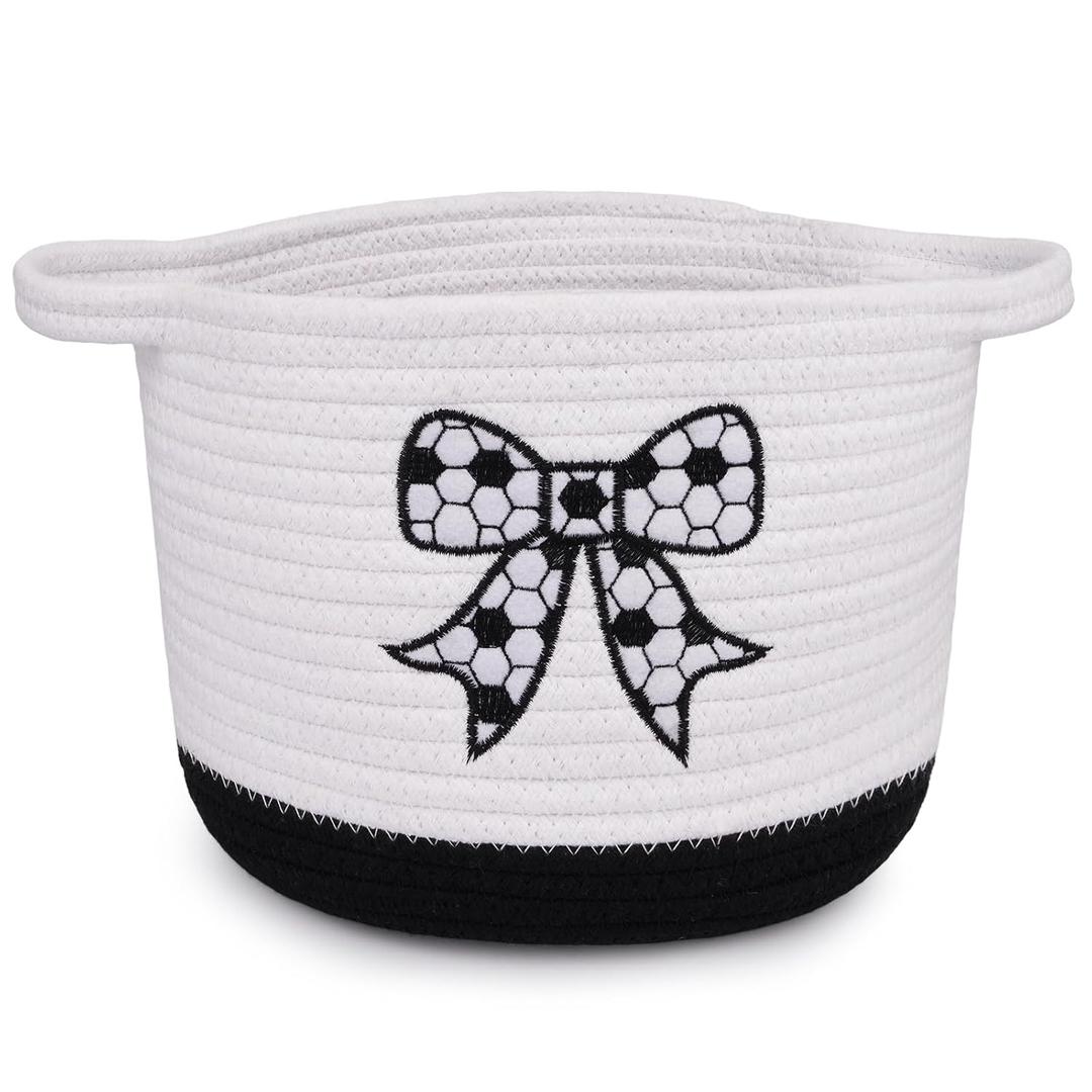 Bow Woven Basket- Beautiful Cotton Rope Gift Basket with Embroidered Soccer Bow, White Oval Empty Storage Decorative Bin, Baby Nursery Shower Towel Organizer Gift Storage Holder,9"D x 7"H in