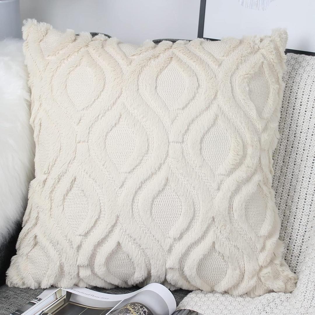 Pack of 2 Soft Fluffy Faux Fur Cushion Covers 45 x 45 Beige Embroidered Boho Decorative Throw Pillow Cases Plush Velvet Cushion Cover 18x18 Sofa Cushions for Living Room Farmhouse