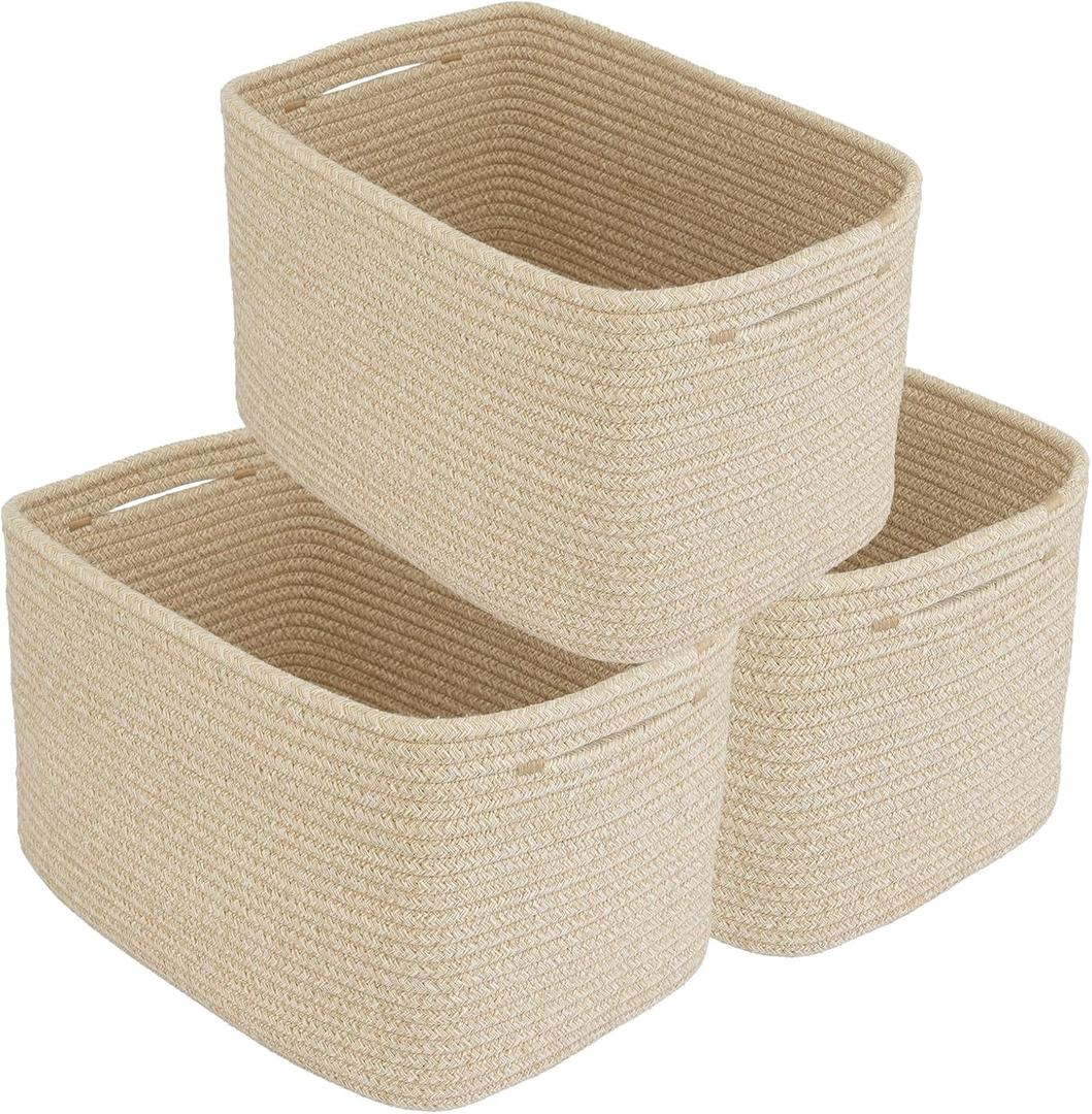 Rope storage Basket Bins Woven Basket for Organizing Shelves Rectangle Decorative Baskets For storage Clothes Toys Books Towels Square Wicker Nursery Basket Organizer 3 Pack Oatmeal