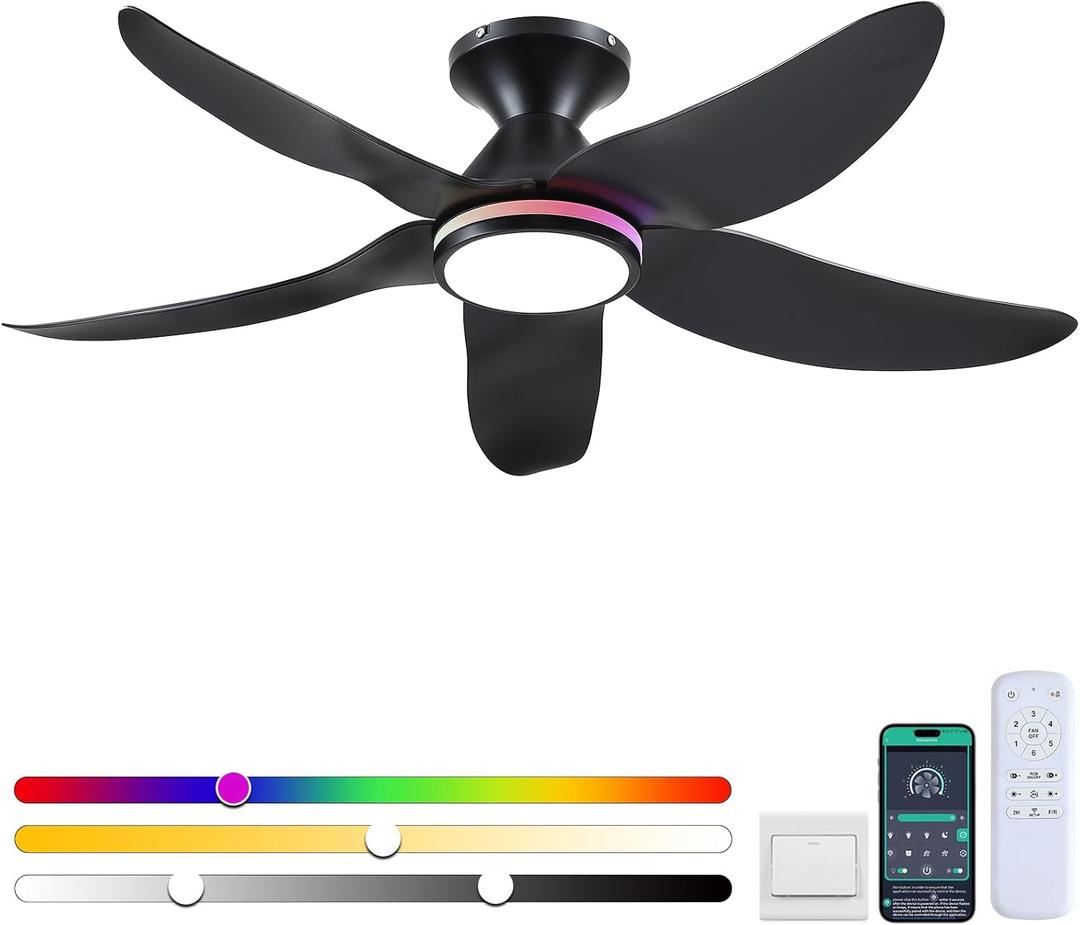 46" Ceiling Fans with Lights Remote/APP Control, Low Profile Ceiling Fans with Dimmable White Colors+Ring RGB Lights, 6 Speeds 5 Reversible Curved Blades for Kids Room Bedroom Living Room Bar, Black RGB, 46 IN