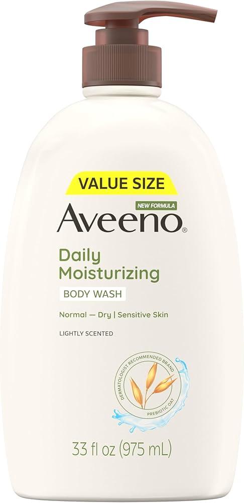 Aveeno Daily Moisturizing Body Wash for Women and Men for Dry & Sensitive Skin, Paraben, Soap & Dye-Free, Gentle Shower Cleanser, Dermatologist Recommended Brand, Lightly Scented, 33 Fl Oz