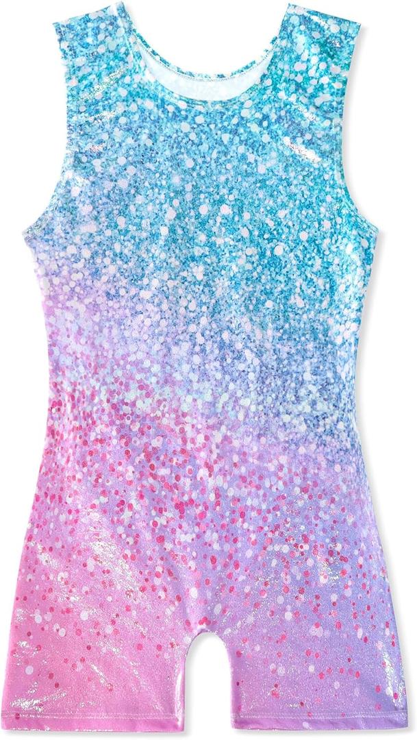 Gymnastics Leotards for Girls Shiny Toddler Biketard Unitard One Piece Tumbling Outfits (4-5T, Diamond Pink Green)