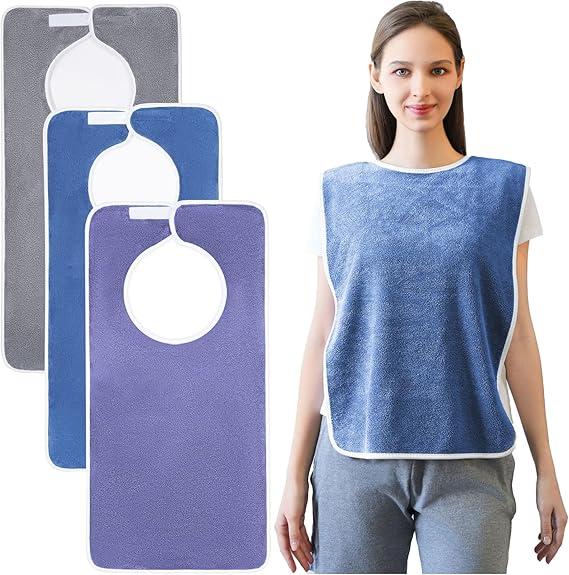 3 Pack Adult Bibs, Microfiber Super Soft Eating Cloth for Adults, Disabled, Adjustable, Dining Clothing Protector (Pure Grey+blue+purple)