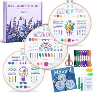 ETSPIL Embroidery Starter Kit for Adults, 3 Simple Patterns to Master 33 Stitches, Easy Step-by-Step 4K HD Video Tutorials & Bound Guide, DIY Craft Gift for Teens