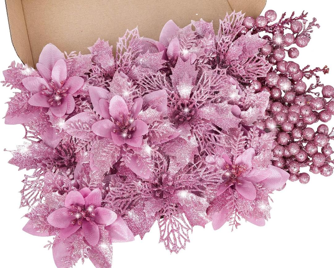 RICHMYC Christmas Flowers Artificial Glitter 24pcs Poinsettia Flowers Berries Christmas Decoration Christmas Tree Ornaments Xmas Wreath Garland Decoration, Pink