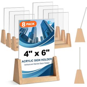 EHWINE 8 Pack 4x6 Acrylic Sign Holder with Wood Base, 2-in-1 Vertical & Slant Back Display, U-Shaped Clear Menu Holder Stand with Non-Slip Base Pads for Table, Desk, Countertop, Restaurant