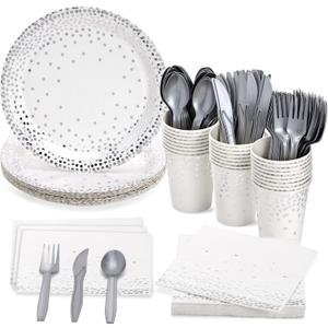 Juvale 144 Piece Silver Party Supplies for Wedding, Birthday - Silver Table Decorations with Plates, Napkins, Cups, and Cutlery (Serves 24) - Plates And Napkins Party Supplies