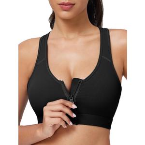 Zip Front Closure High Impact Sports Bra for Women Post Surgery Racerback Sports Bra High Support Workout Running Bras (Medium, Black)