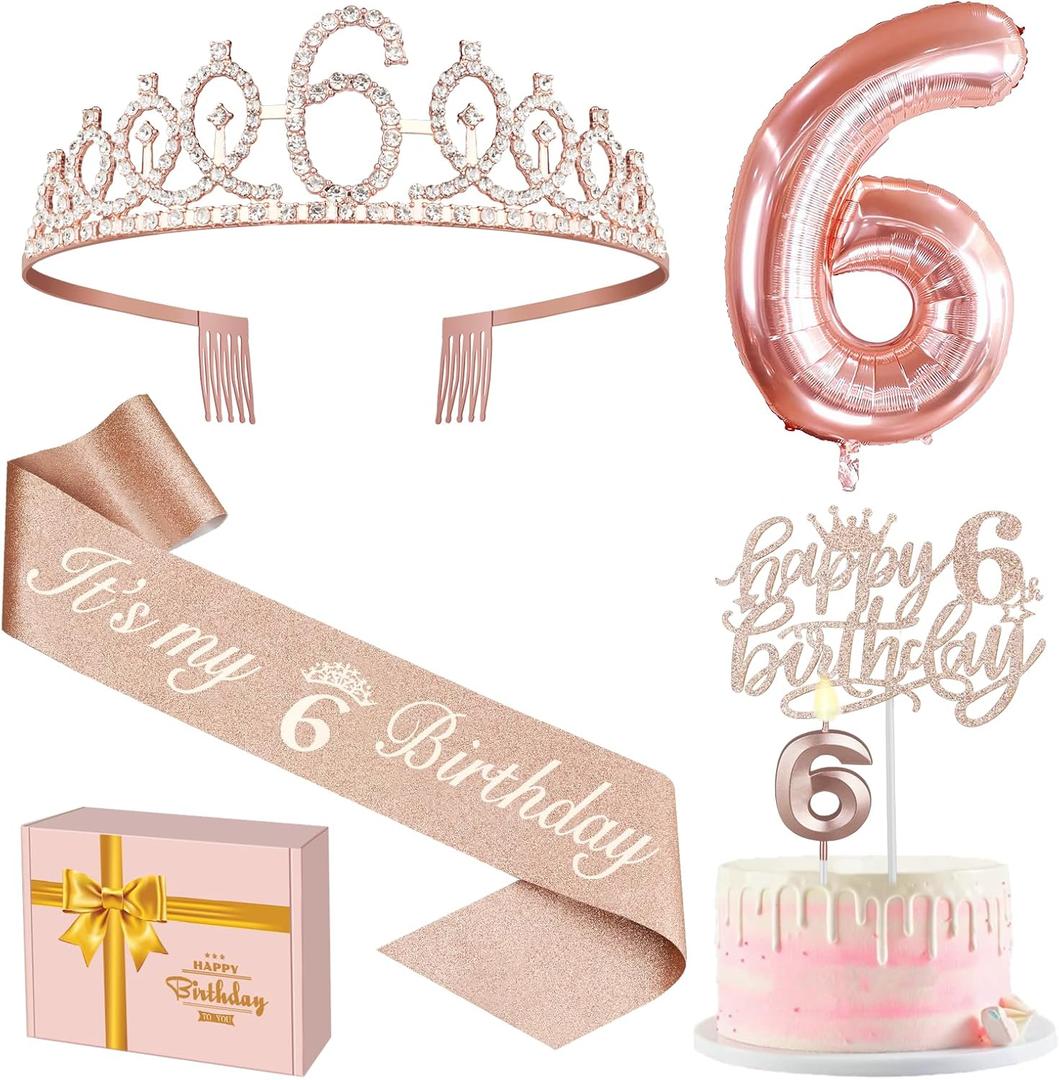 6th Birthday Decorations for Girls, Including 6th Birthday Sash and Tiara, Cake Topper and Candle, Number Balloon, 6 Year Old Girl Gifts