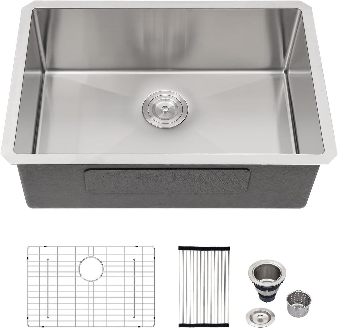 Logmey 30 Inch Undermount Kitchen Sink - 30x18 In Handmade Stainless Steel Undermount Kitchen Sink 16 Gauge Single Bowl 30x18x9 Inches Sinks